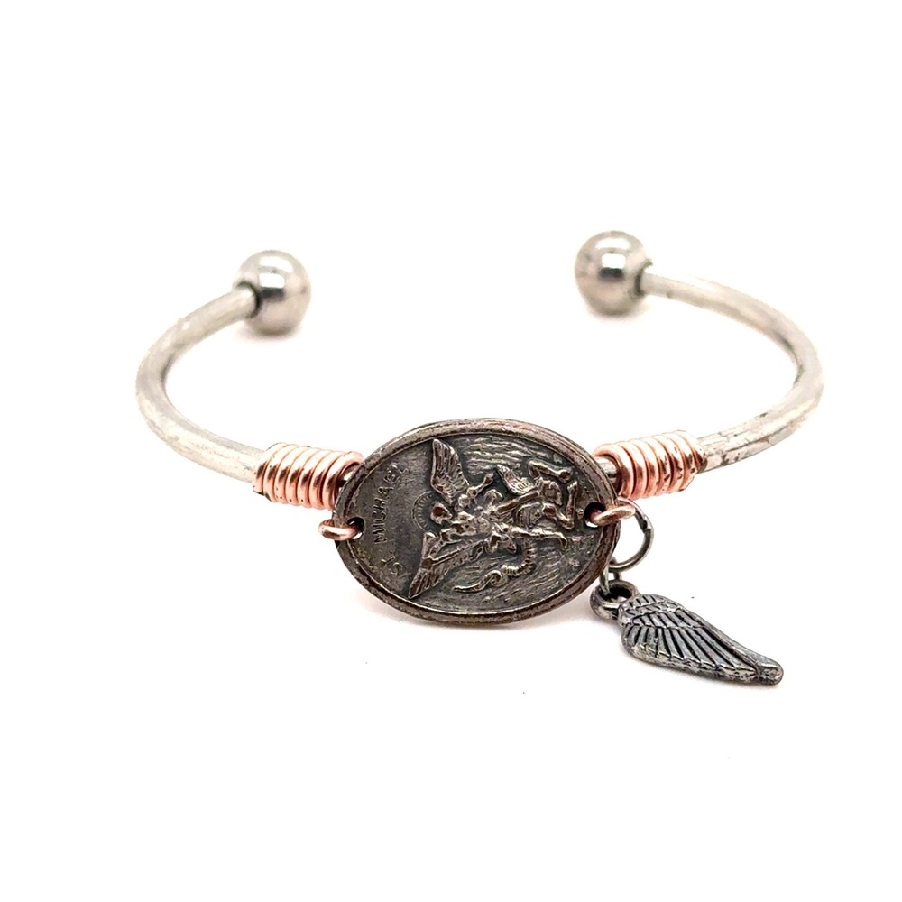 St Michael Archangel Religious Medal Cuff Bracelet Mixed Metal Wing Charm